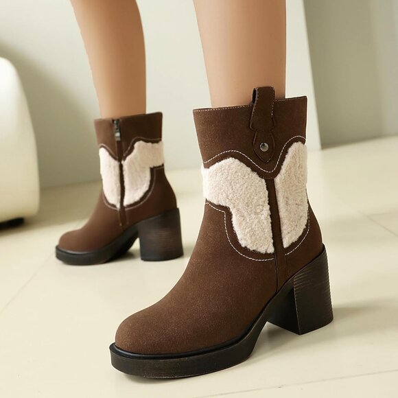 ⚡Women's Coffee Platform Boots Suede Winter Ankle Booties Round Toe Short Zip - Picture 3 of 6